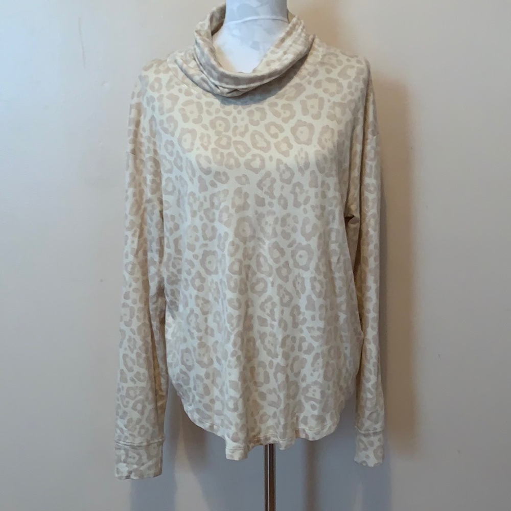 Splendid Cheetah Print Cream & Gray Soft Cowl-neck Long Sleeve Pullover
